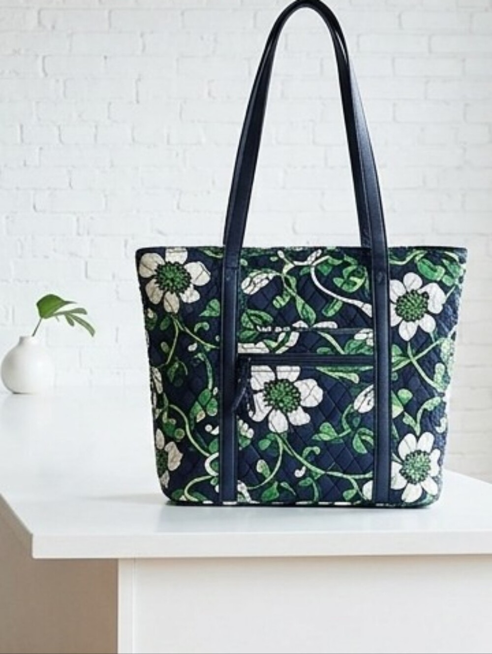 Vera Bradley Navy Floral Quilted Tote with Green and White Flowers